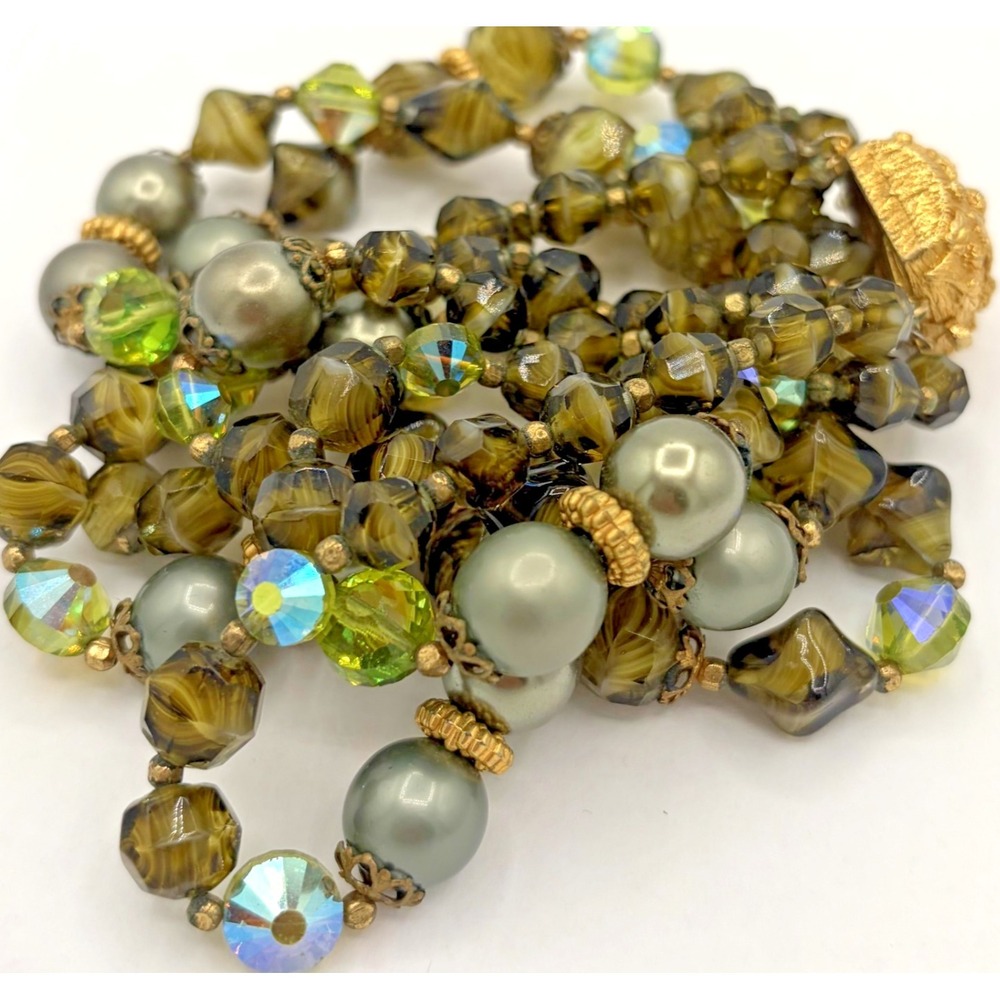 Vintage Triple Strand Olive Green Art Glass Grey Pearl Beaded Necklace